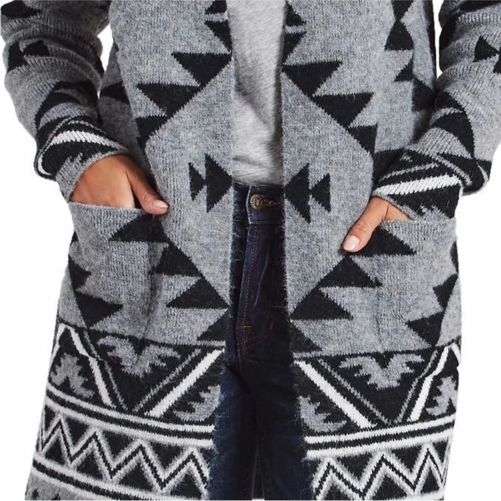 Frye Cozy Open Front Luxe Yarn Jacquard Southwestern Patterned Cardigan Size XL - Picture 6 of 10